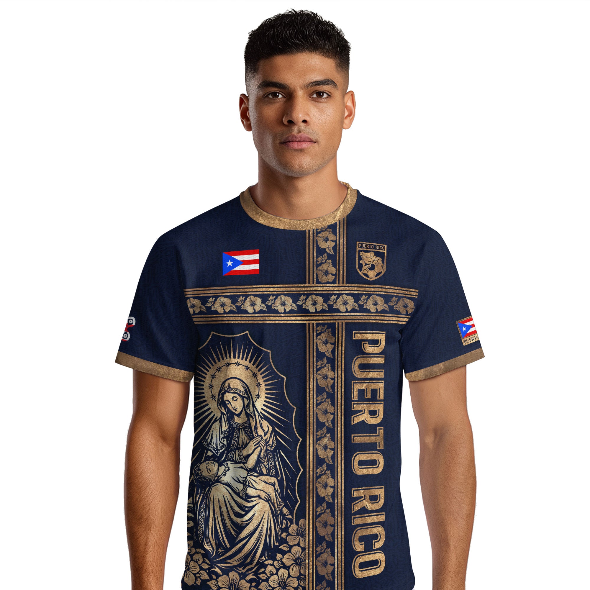 Camiseta de fútbol con máscara taína boricua azul marino de Puerto Rico, bandera tribal, orgullo nacional