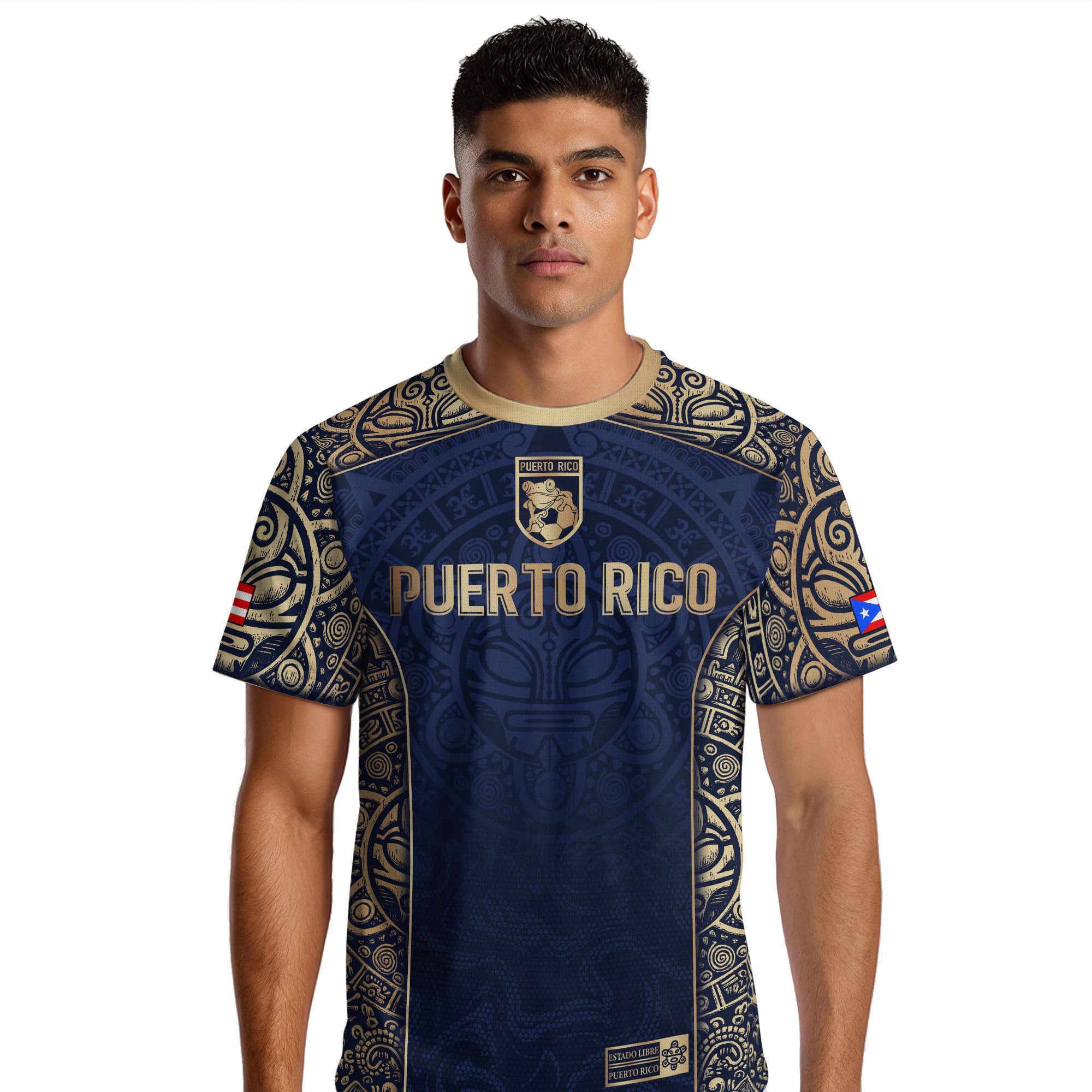 Puerto Rico Flag Boricua Taino Tribal Mask Coqui Navy Gold Pride Soccer Jersey