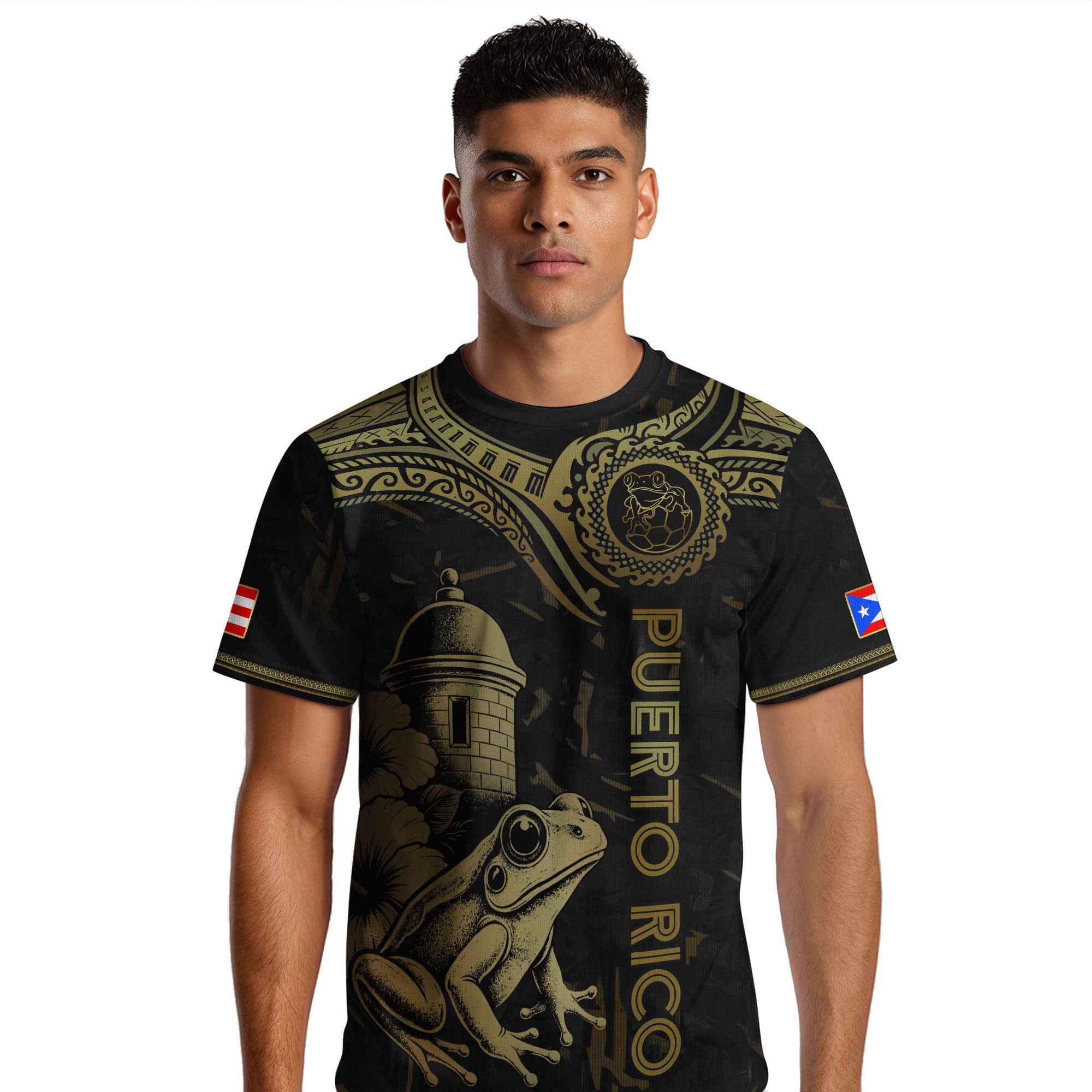 Camiseta de fútbol con máscara taína boricua azul marino de Puerto Rico, bandera tribal, orgullo nacional