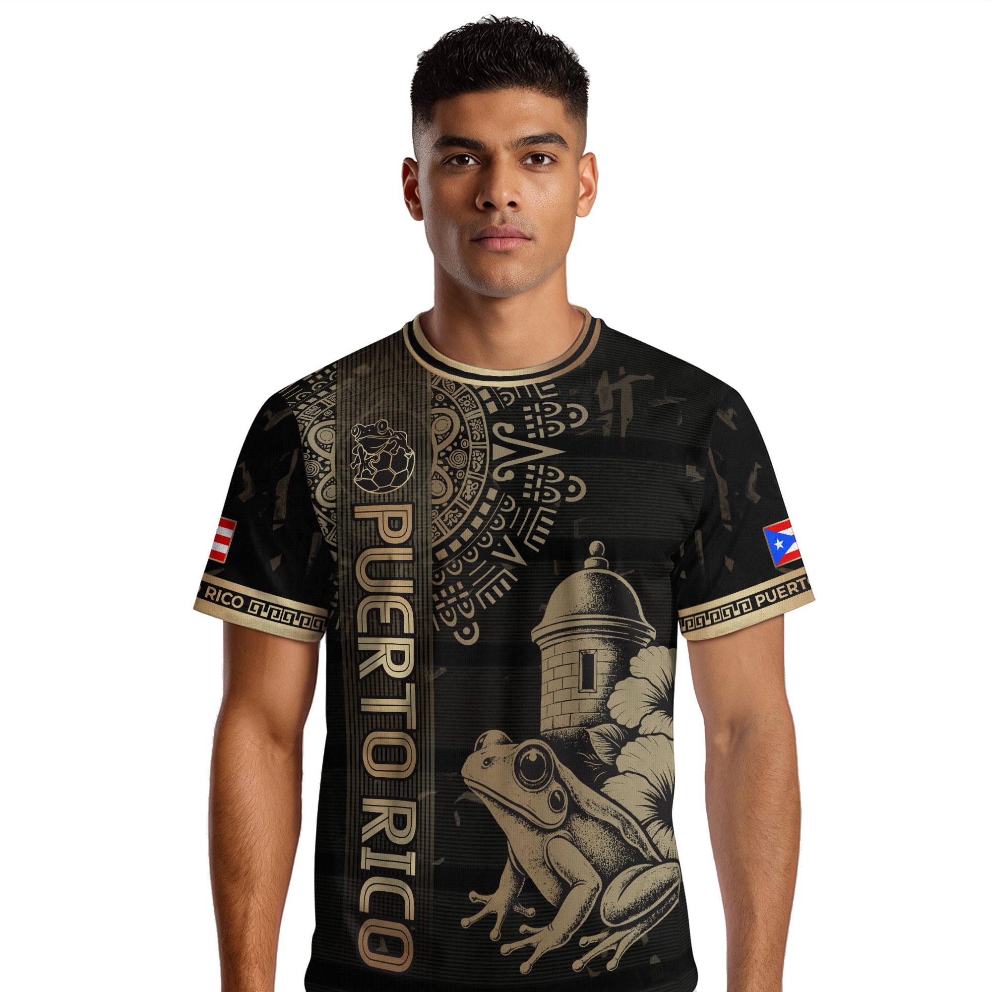 Camiseta de fútbol con máscara taína boricua azul marino de Puerto Rico, bandera tribal, orgullo nacional