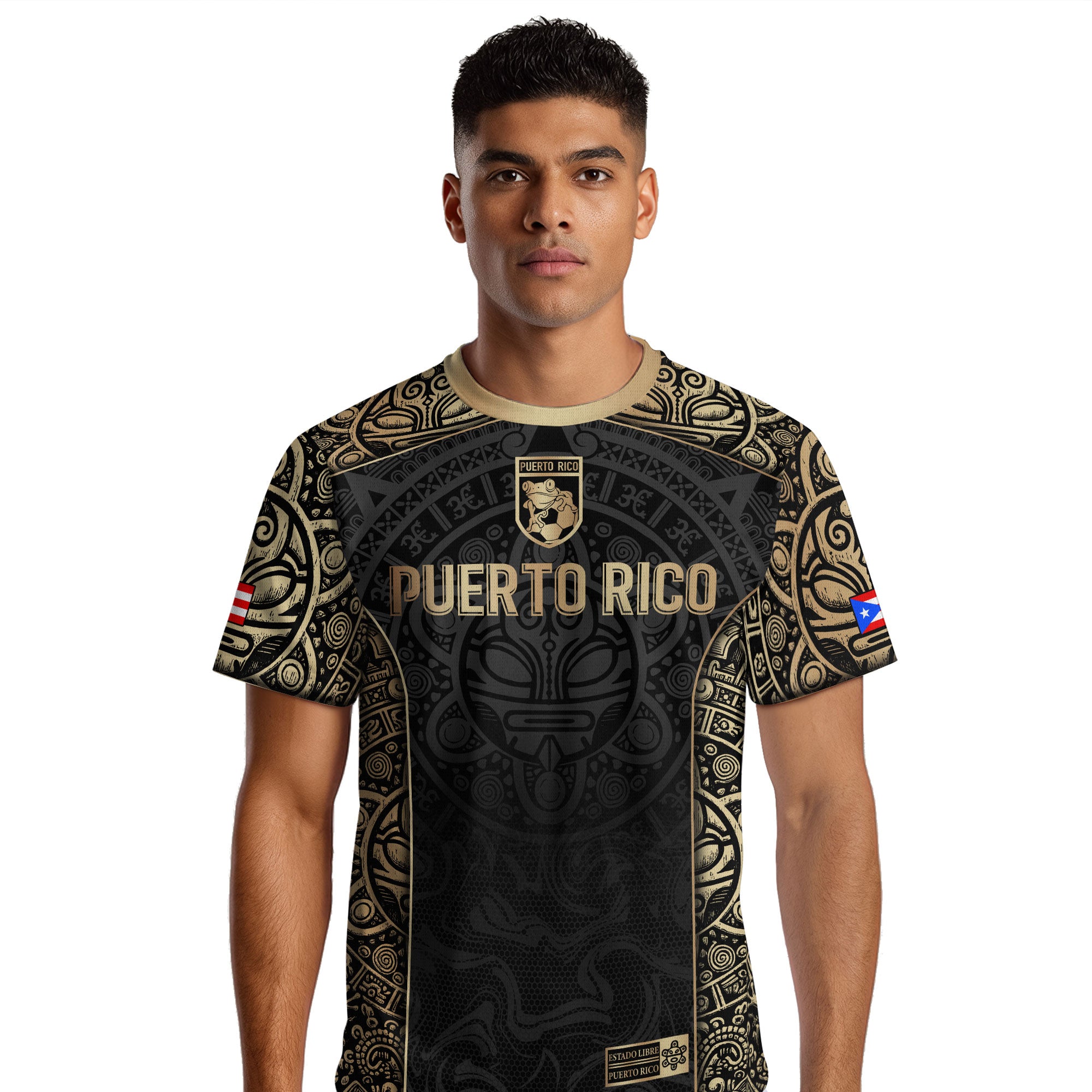 Puerto Rico Boricua Coqui Frog Taino Tribal Black Gold National Soccer Jersey
