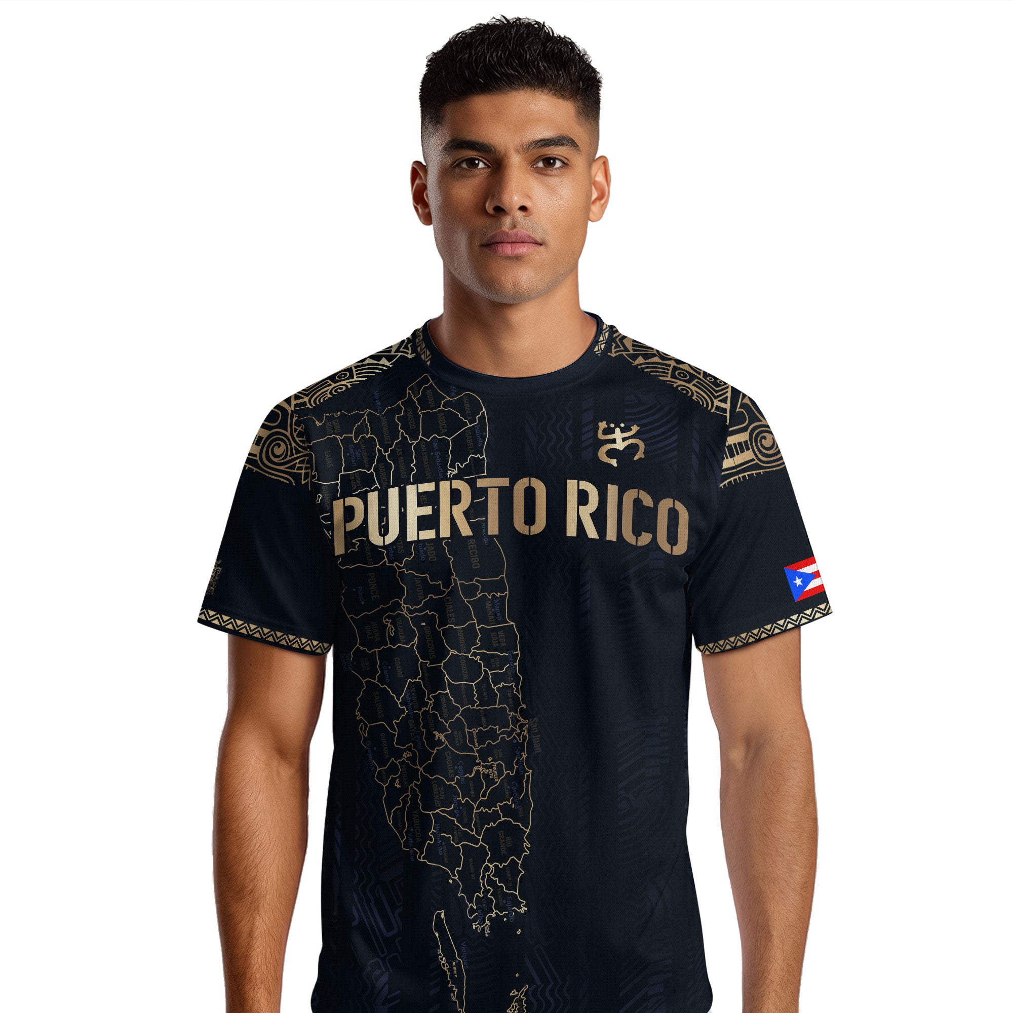 Camiseta de fútbol con máscara taína boricua azul marino de Puerto Rico, bandera tribal, orgullo nacional