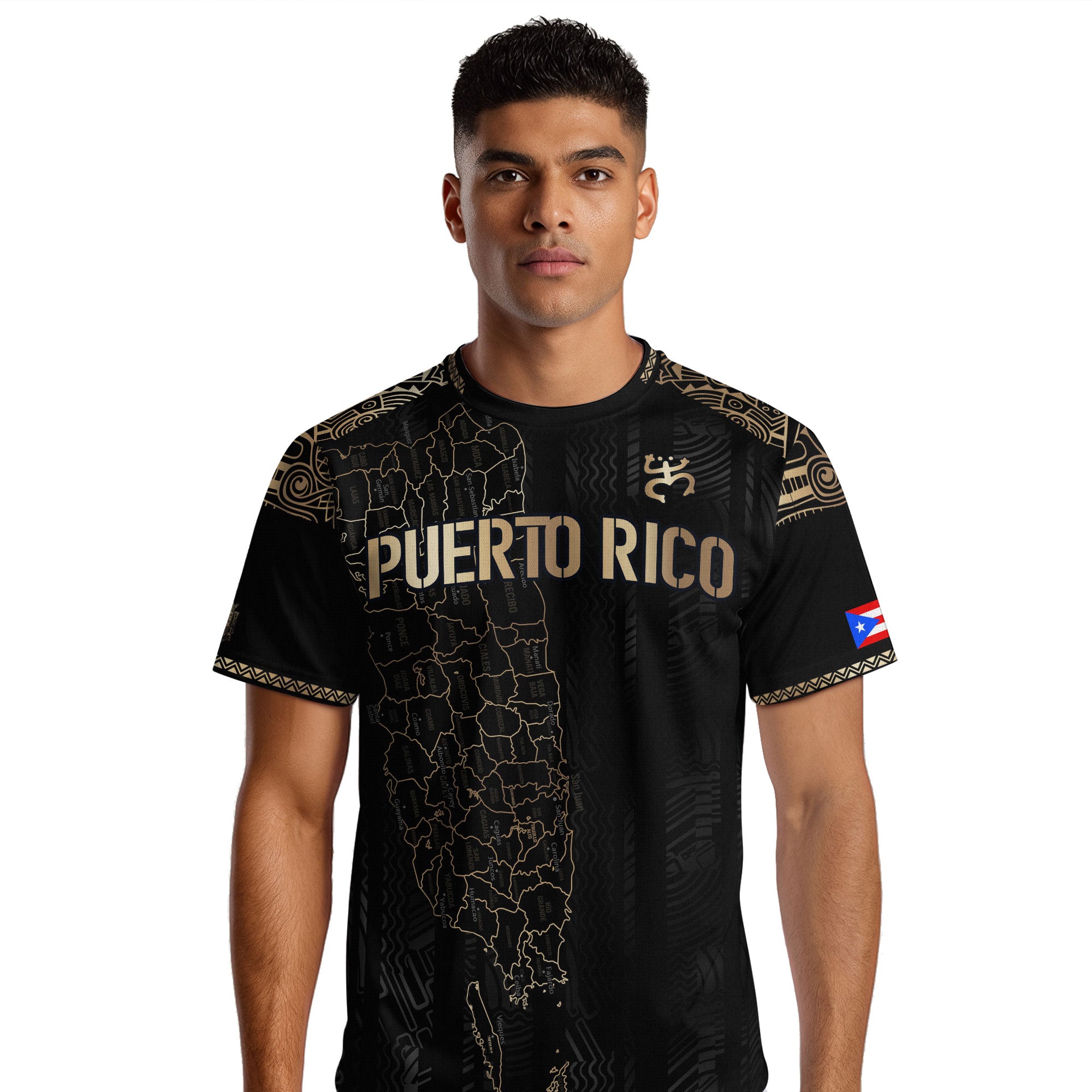 Camiseta de fútbol con el símbolo del mapa tribal boricua negro y dorado de Puerto Rico, herencia nacional