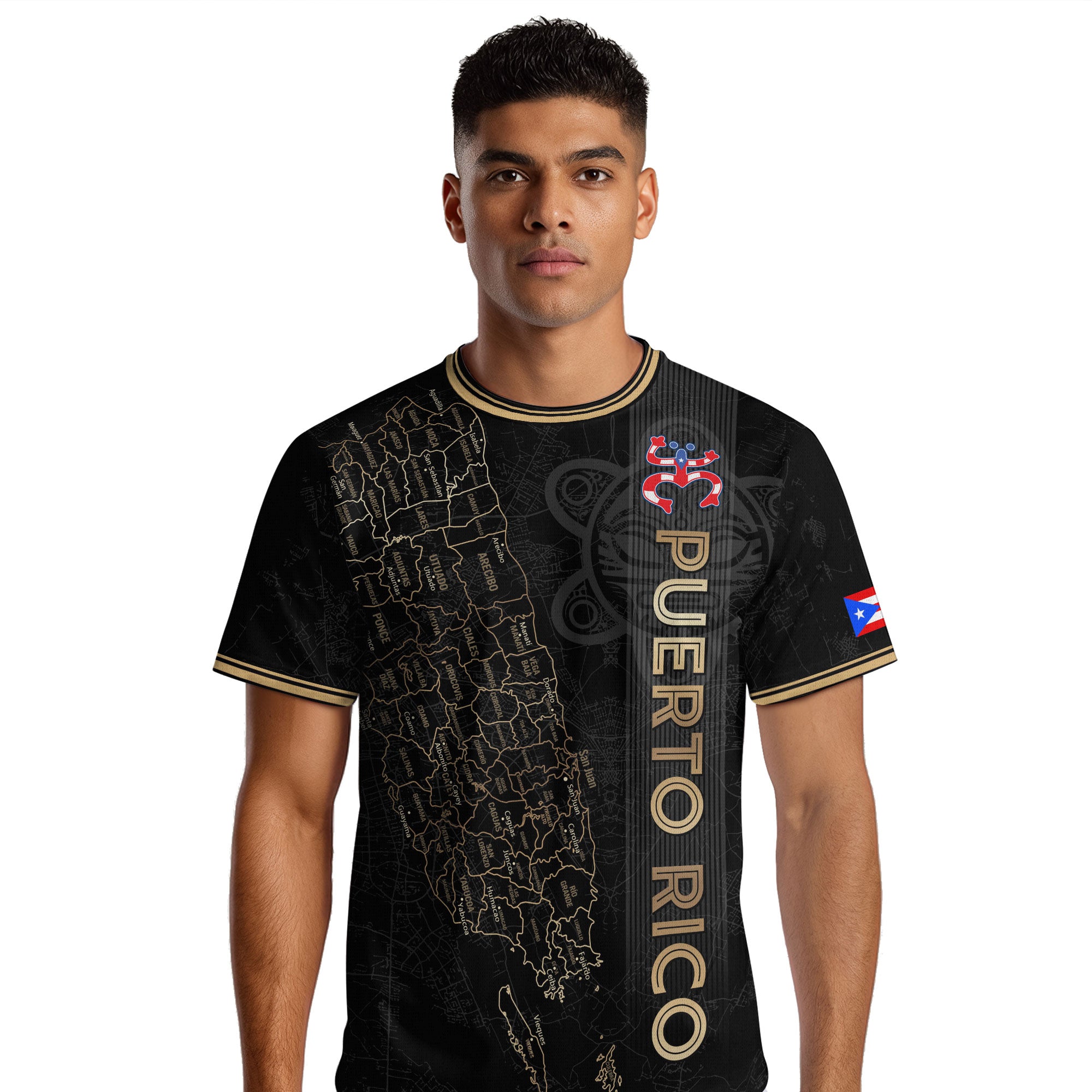 Camiseta nacional de fútbol con símbolos tribales boricuas y taínos de Puerto Rico en oro negro