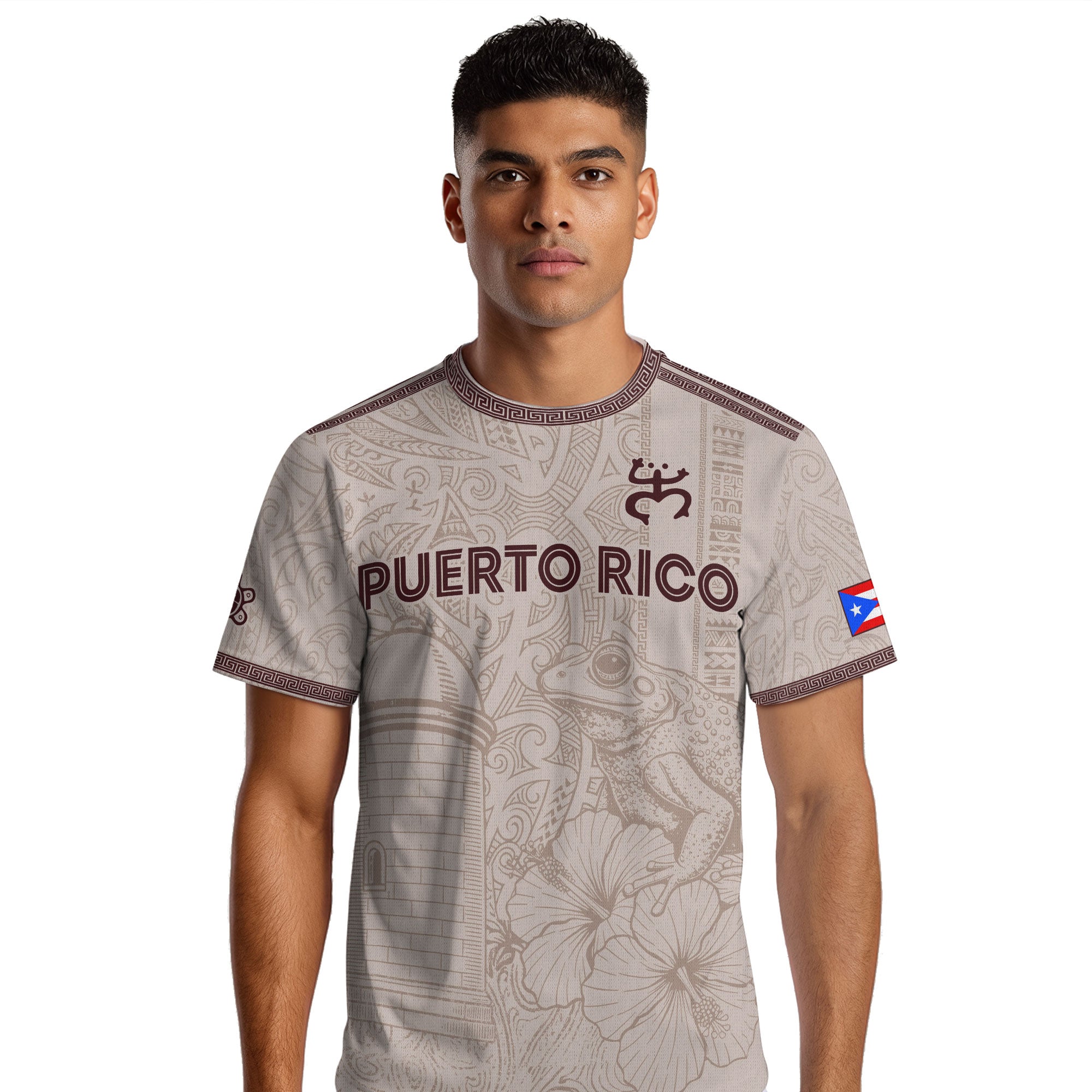 Camiseta de fútbol de Puerto Rico con símbolo tribal blanco burdeos y herencia nacional