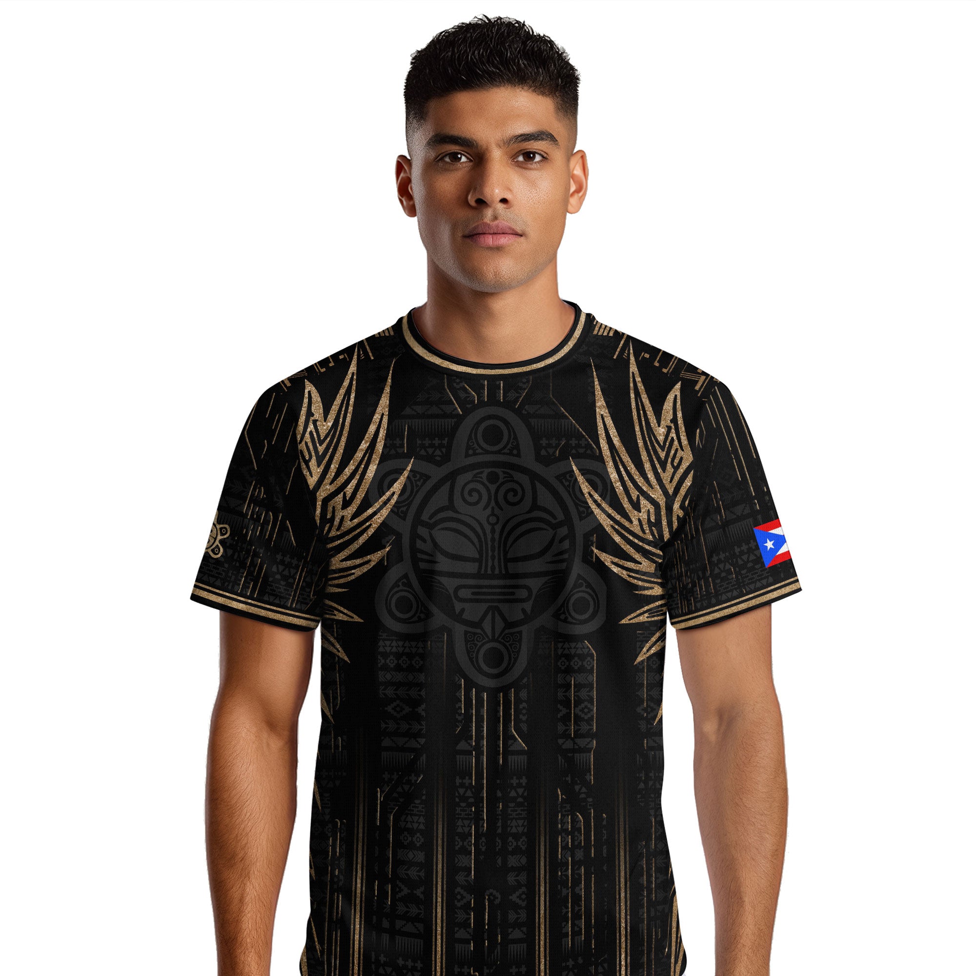 Camiseta de fútbol de la herencia nacional del guerrero tribal negro y dorado de Puerto Rico
