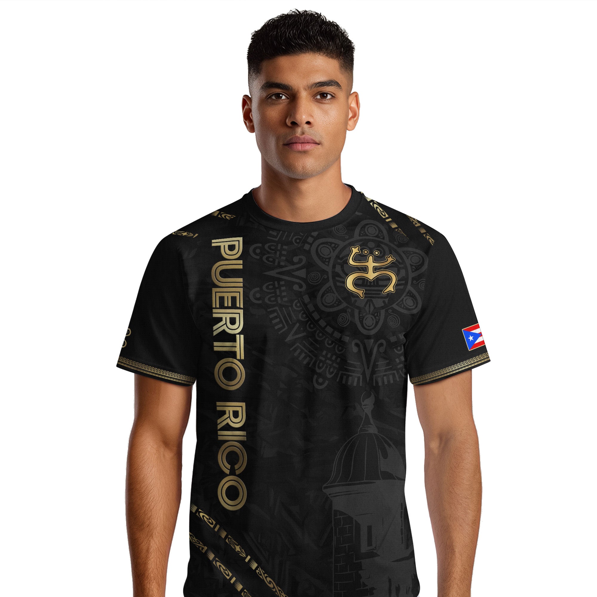Camiseta de fútbol boricua de la herencia nacional del Sol Taino de la Rana Coquí Negra Dorada de Puerto Rico