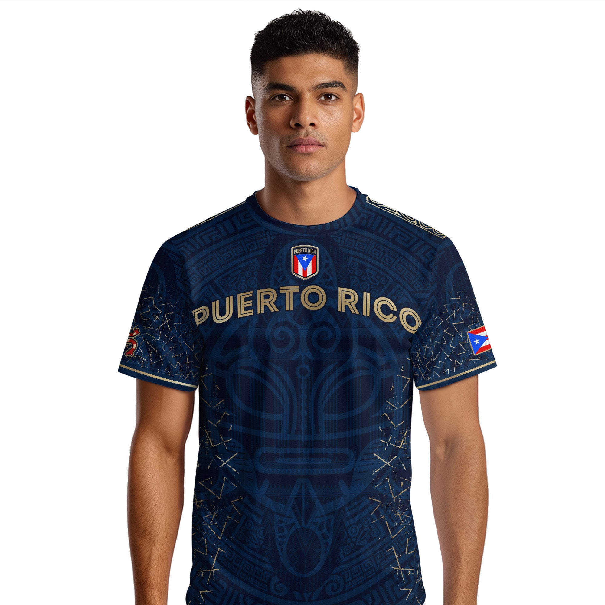 Camiseta de fútbol boricua de la herencia nacional con símbolo taíno azul real y dorado de Puerto Rico