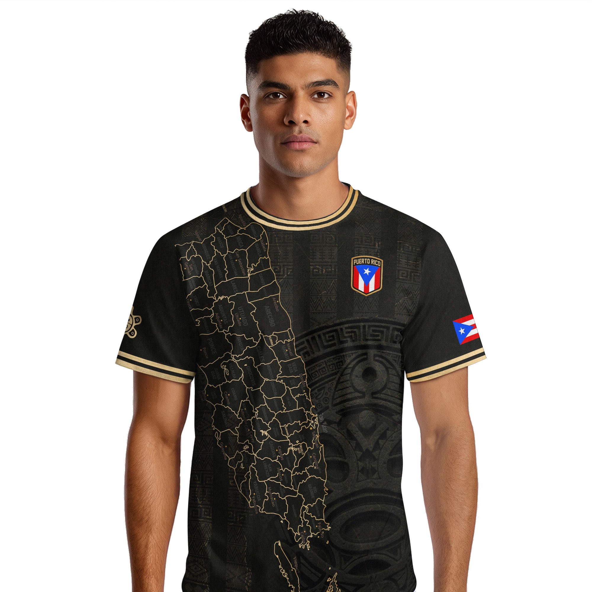 Camiseta de fútbol boricua del Patrimonio Nacional del Sol Taino con el Mapa de la Isla Dorada Negra de Puerto Rico