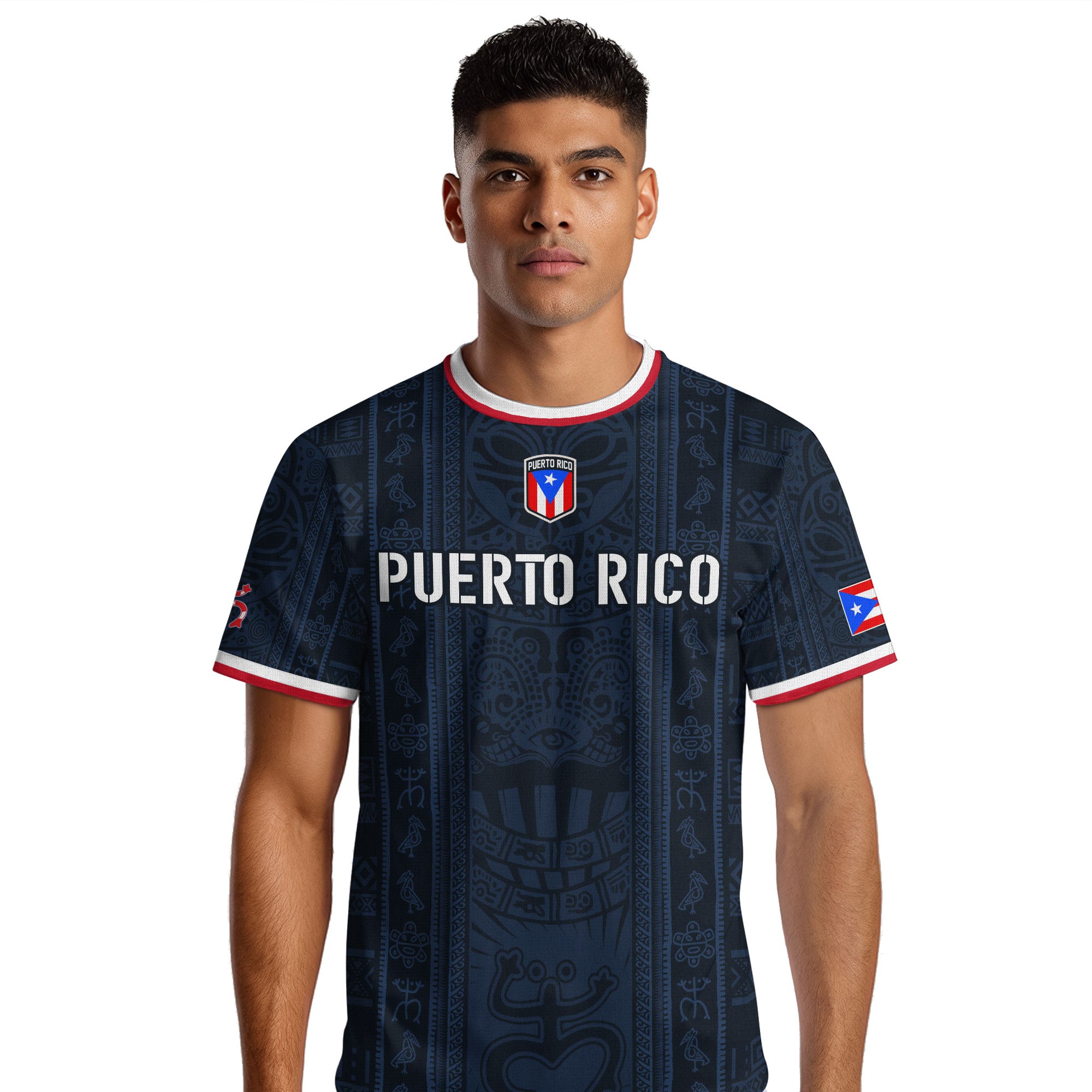 Camiseta de fútbol boricua de herencia nacional con patrón de símbolo taíno azul marino de Puerto Rico