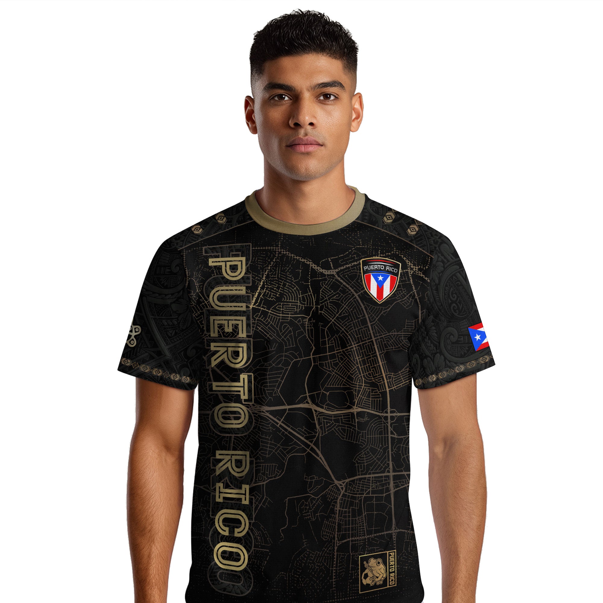 Camiseta de fútbol boricua del Patrimonio Nacional del Sol Taino con mapa de calles de Puerto Rico en negro y dorado