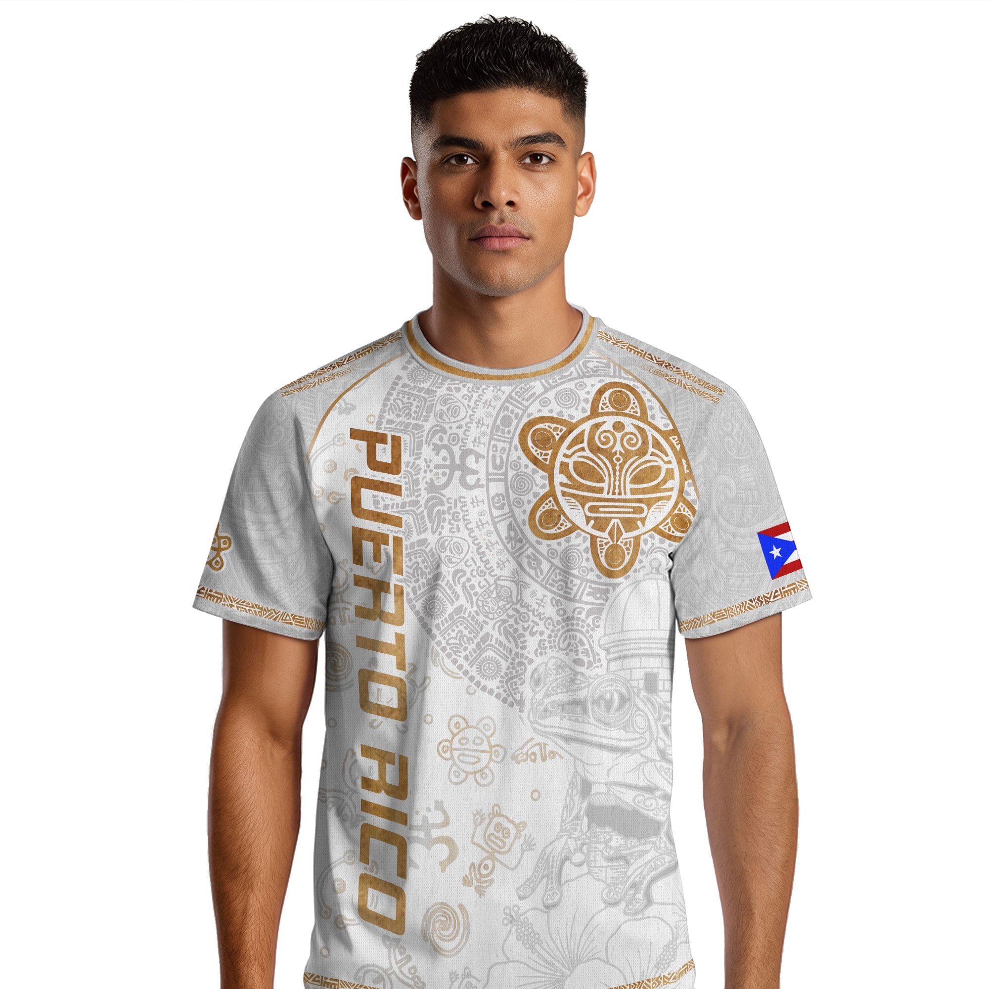 Camiseta de fútbol de la herencia nacional del sol taíno de Puerto Rico, rana coquí dorada blanca