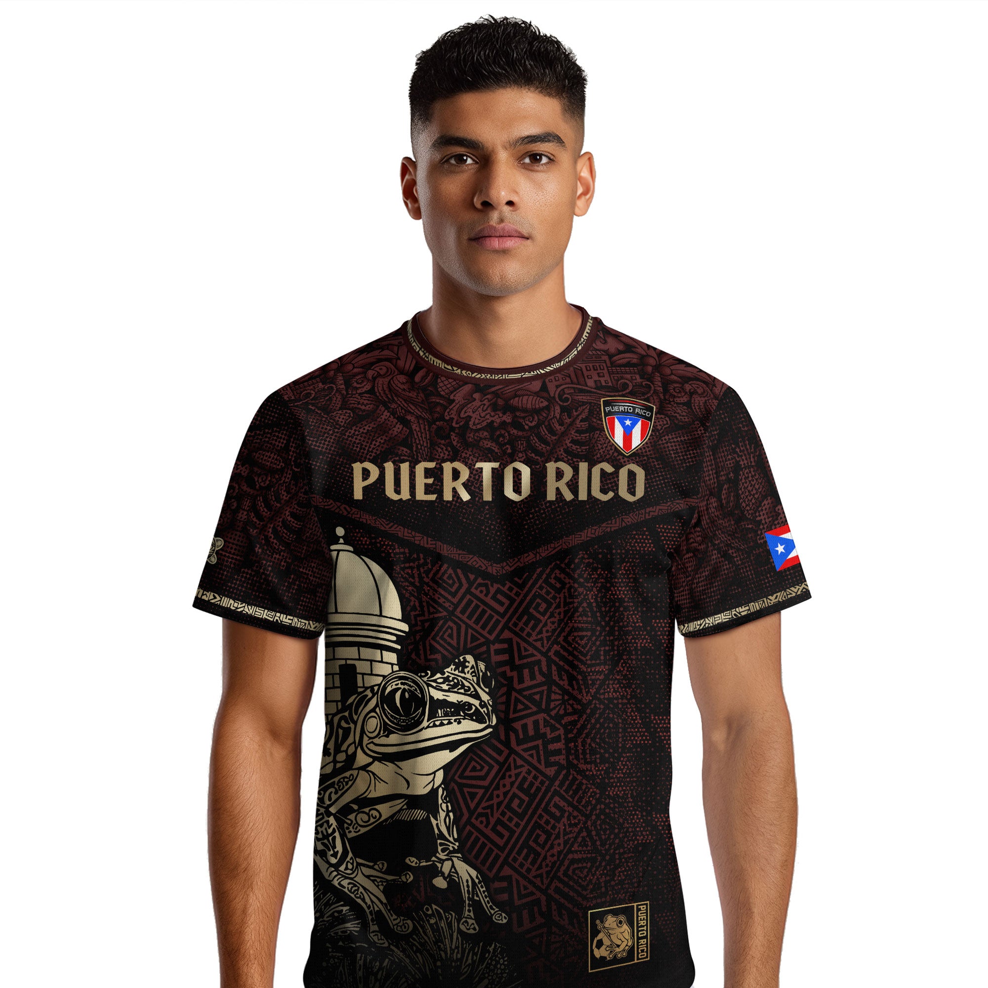 Puerto Rico Maroon Gold Coqui Frog Garita Taino Sun National Heritage Soccer Jersey