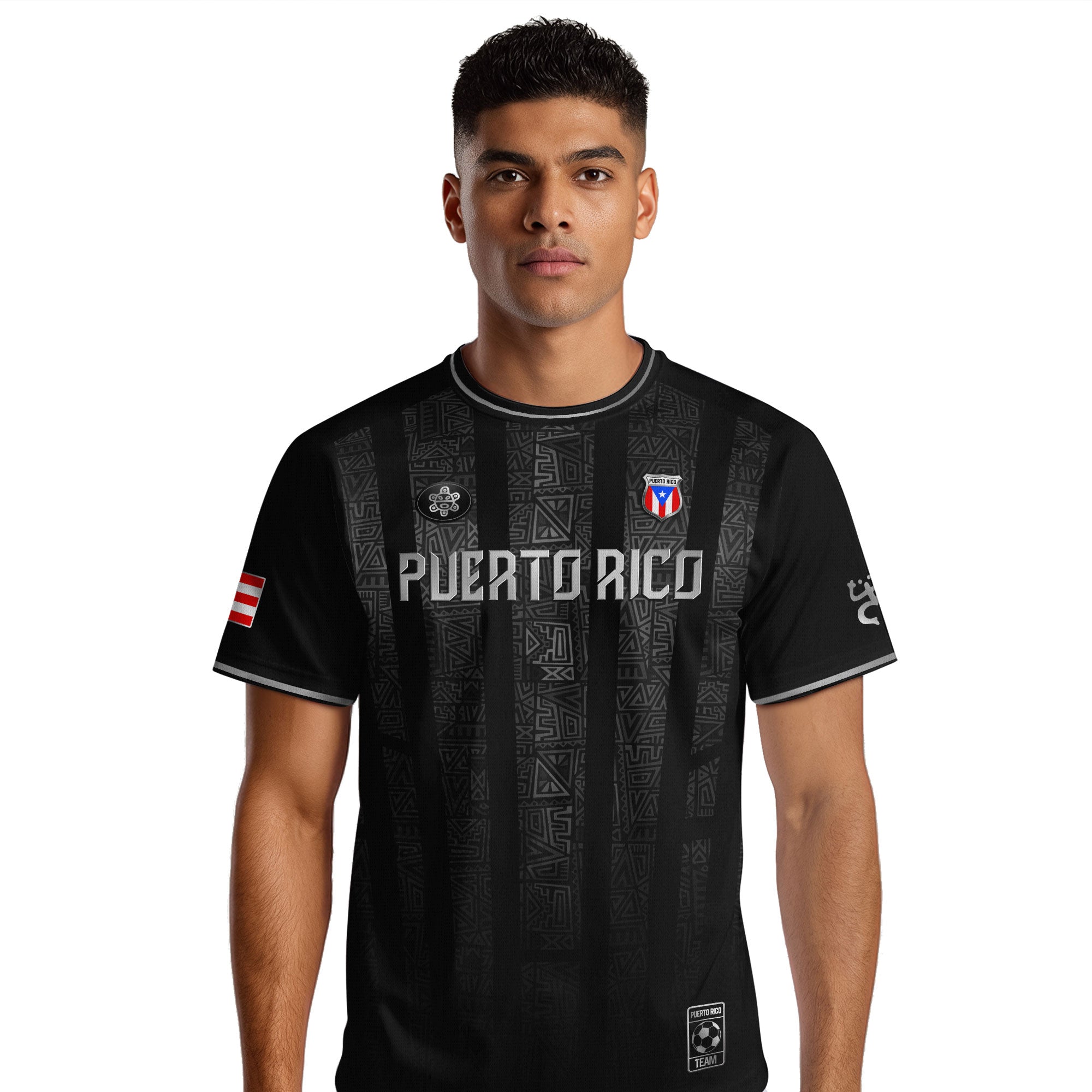 Camiseta de fútbol boricua con símbolo tribal negro y plateado de Puerto Rico
