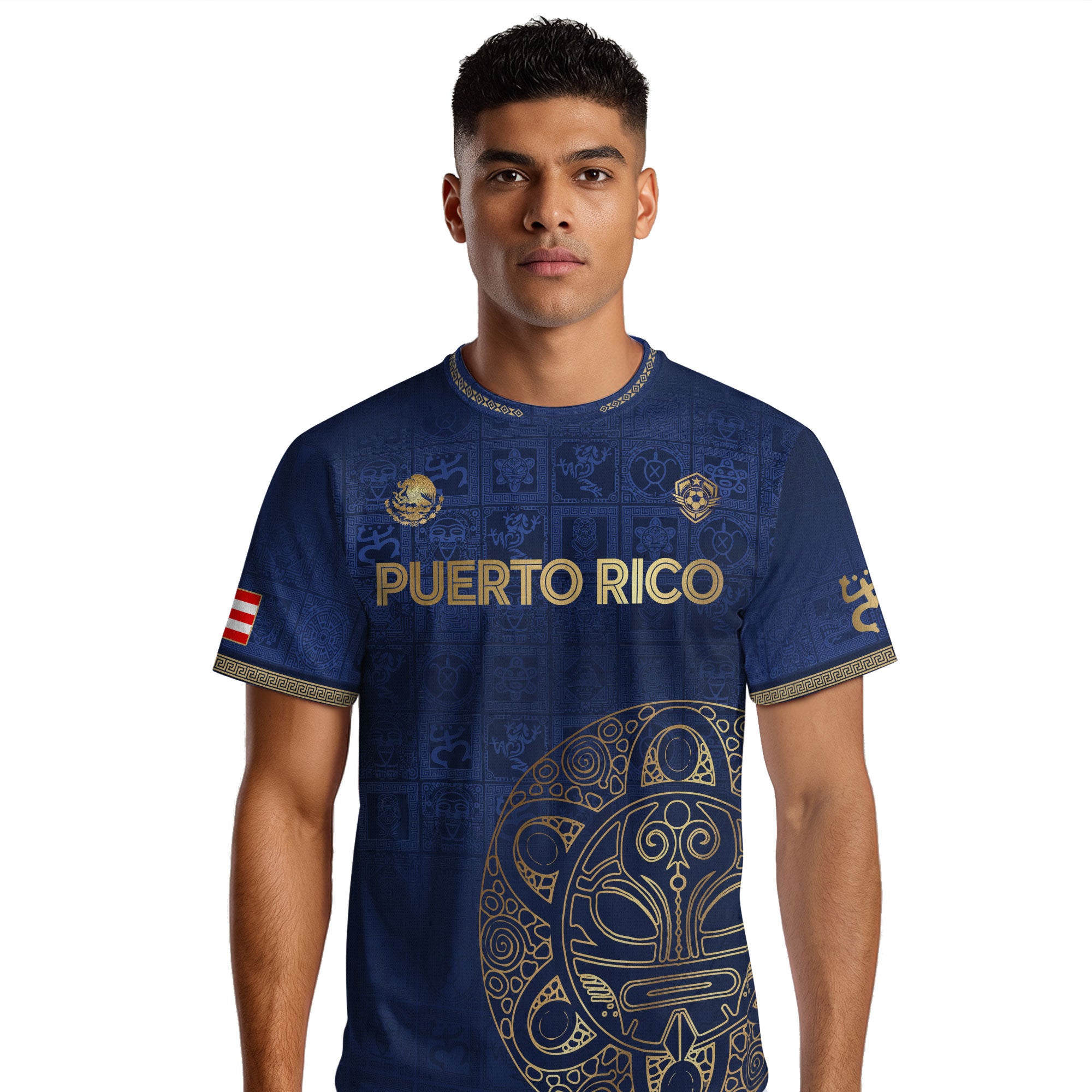 Camiseta de fútbol boricua con patrón de símbolo taíno dorado de la Marina de Puerto Rico
