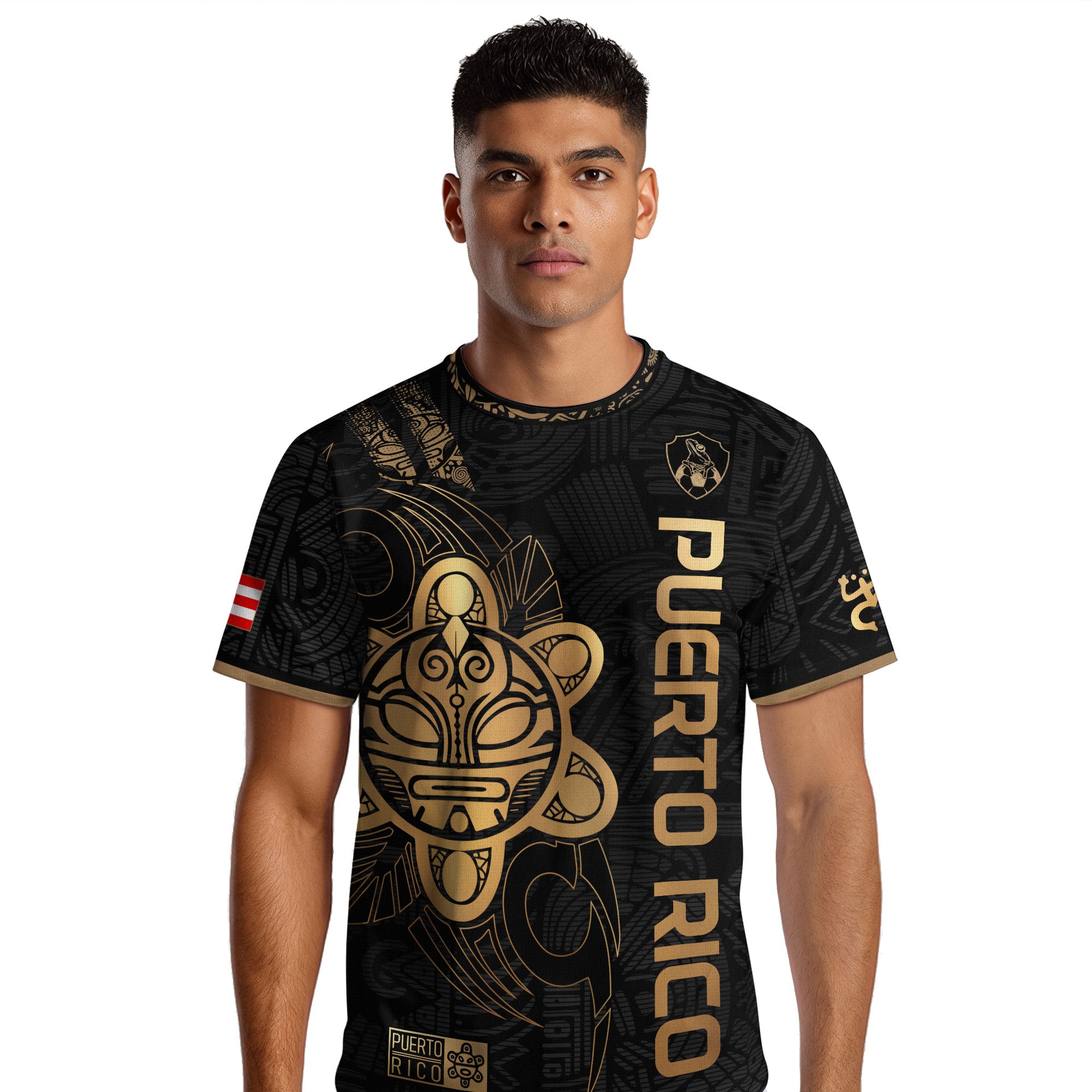 Camiseta de fútbol Puerto Rico Black Gold Side Taino Sun National Heritage Boricua Pride