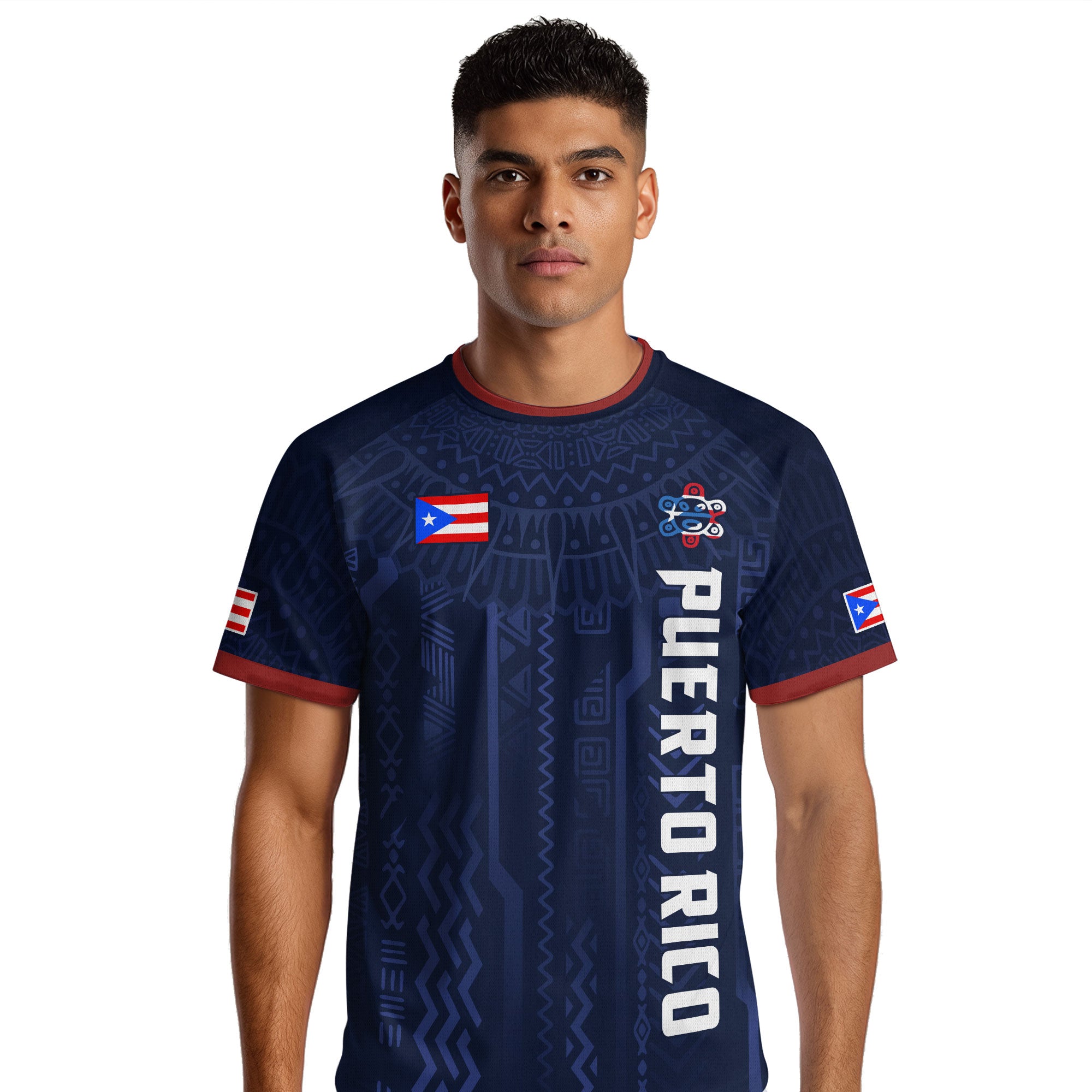 Puerto Rico Navy Red Boricua Taino Sun Coqui Frog Patriotic Tribal Soccer Jersey