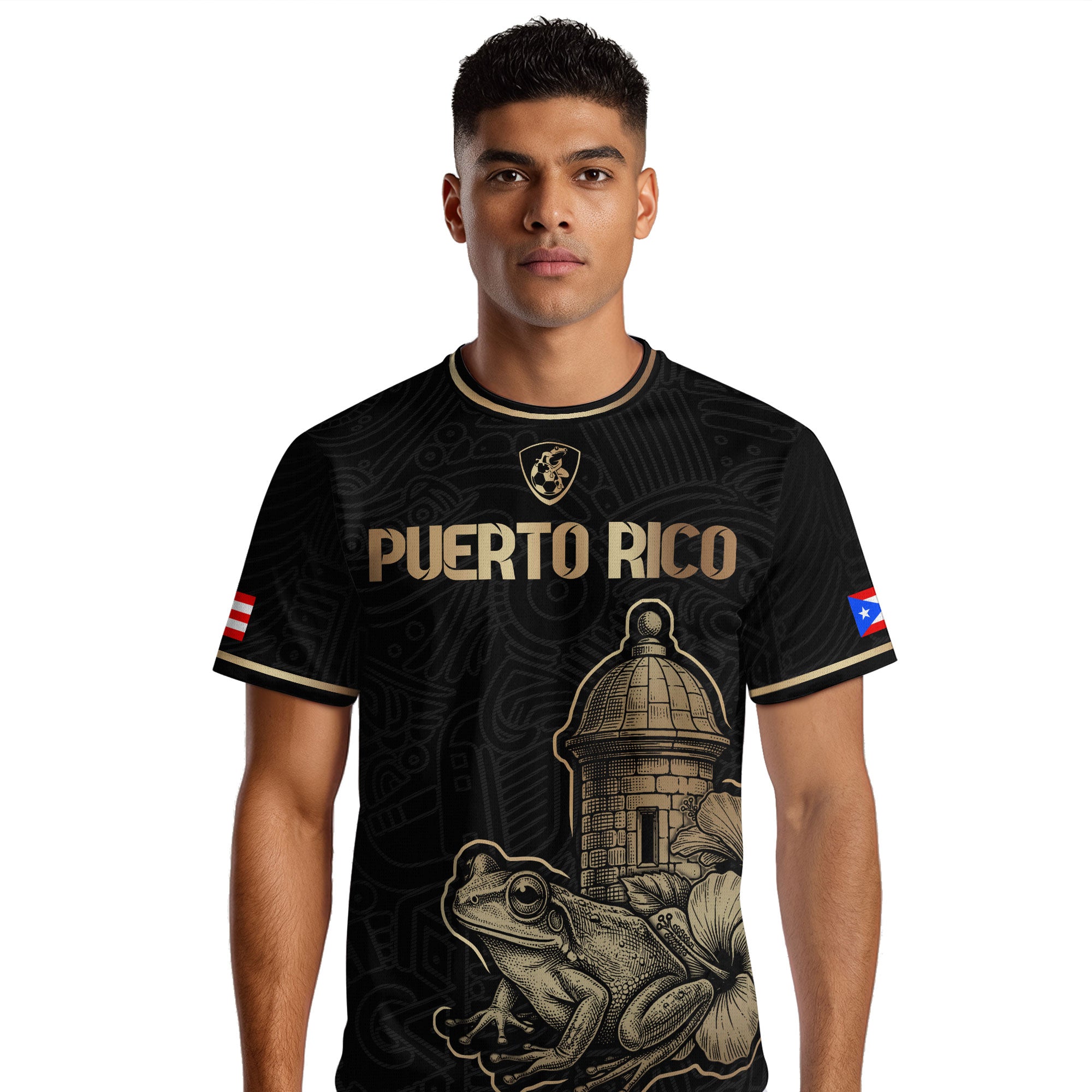 Puerto Rico Black Gold Boricua El Morro Coqui Frog Hibiscus Historical Soccer Jersey