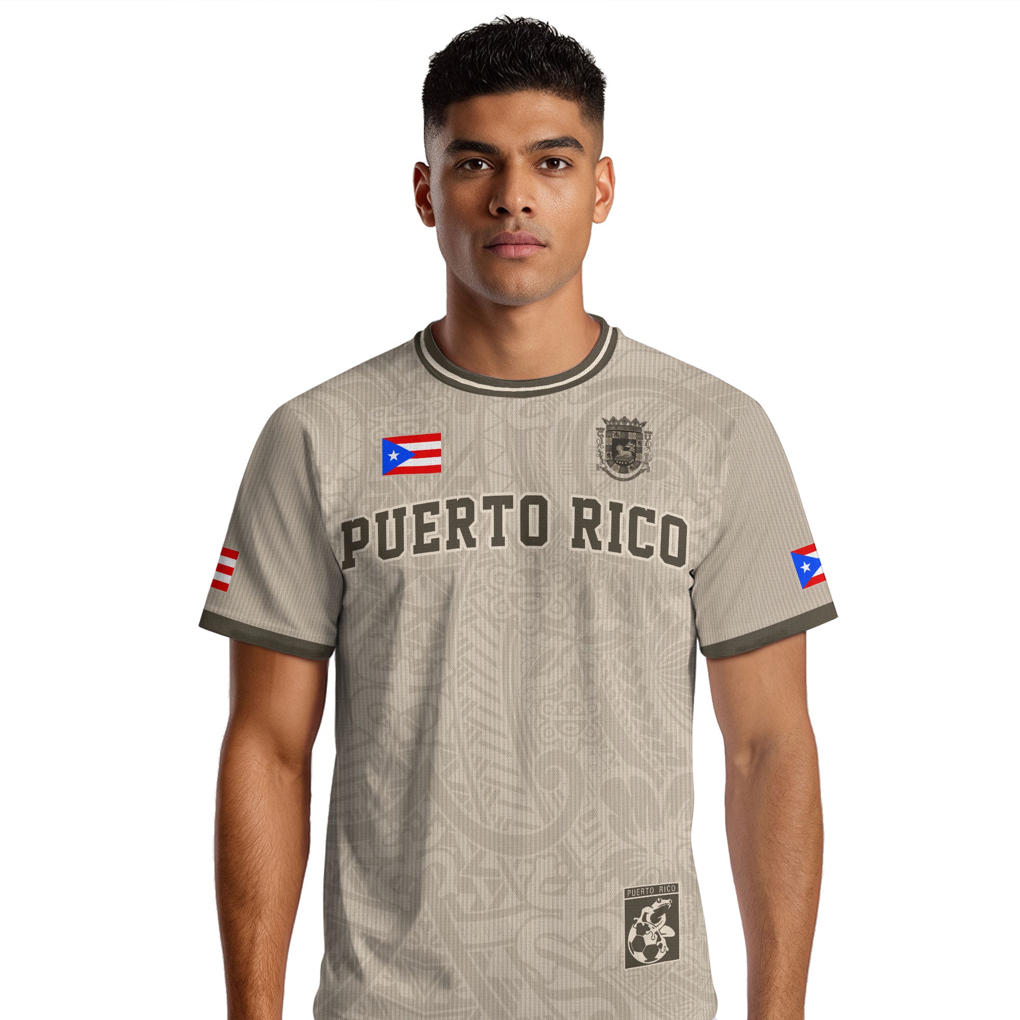 Puerto Rico Beige Tan Boricua Coqui Rana Tribal Taino Nacional Orgullo Camiseta de Fútbol