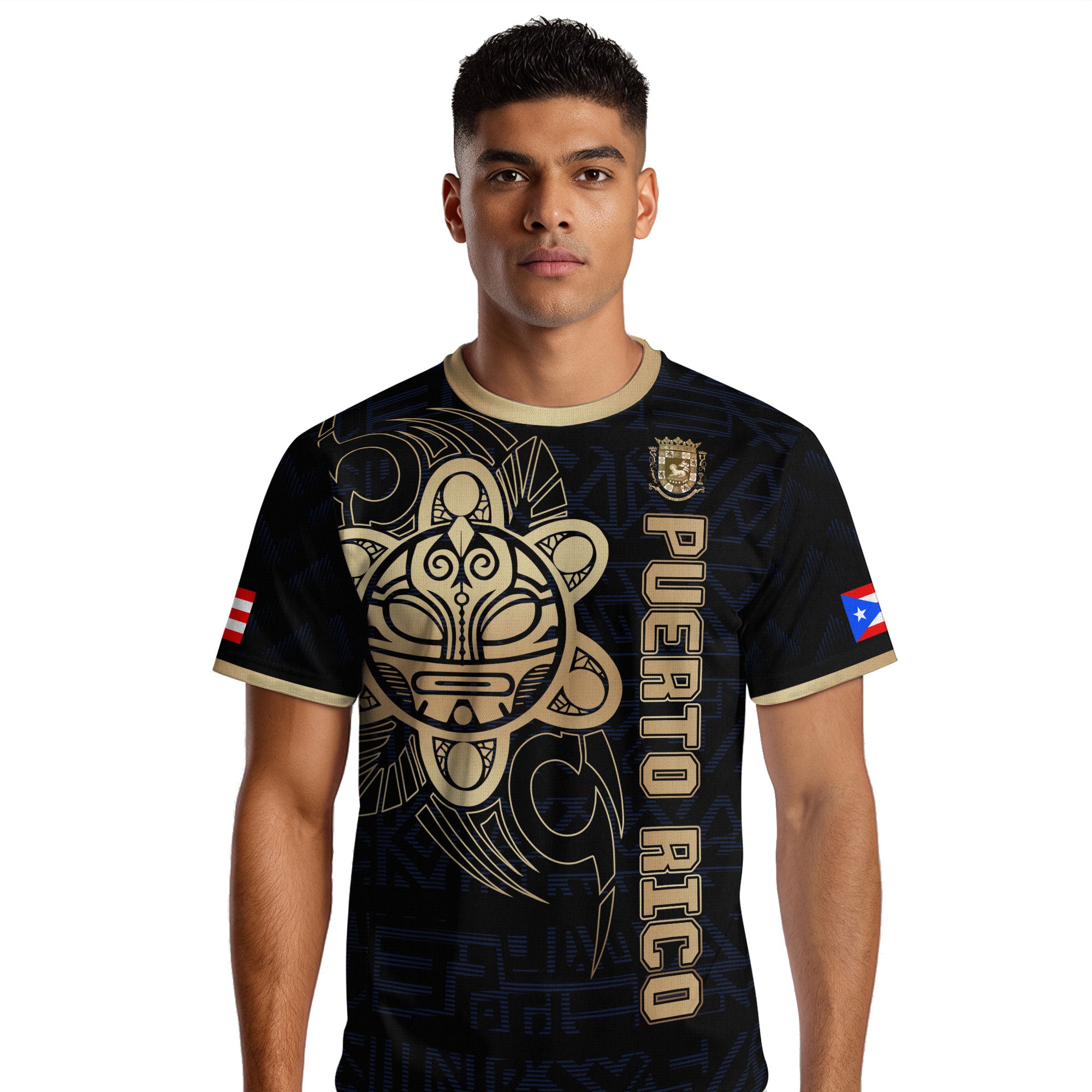 Puerto Rico Black Navy Gold Taino Sun God Island Heritage Tribal Pattern Soccer Jersey