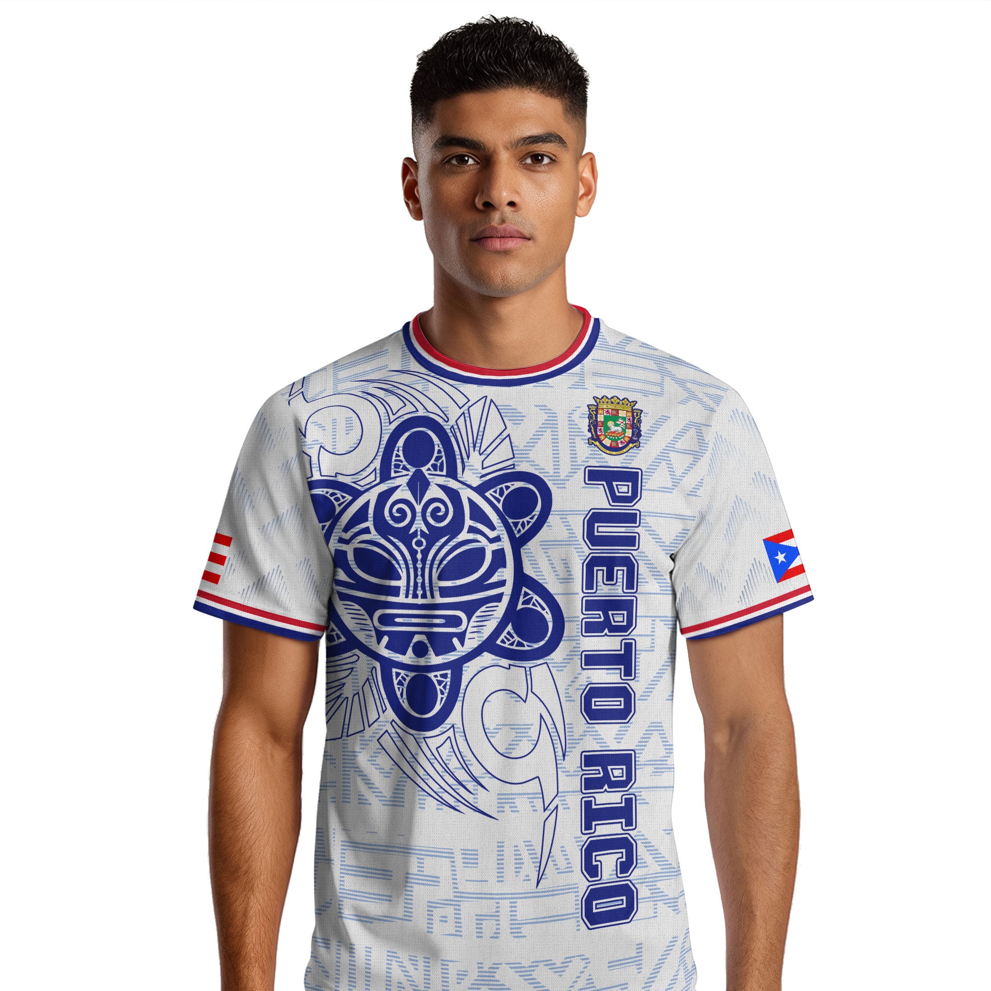Camiseta de fútbol Puertorriqueña blanca y azul con la bandera boricua, sol taíno y coquí tribal del orgullo nacional