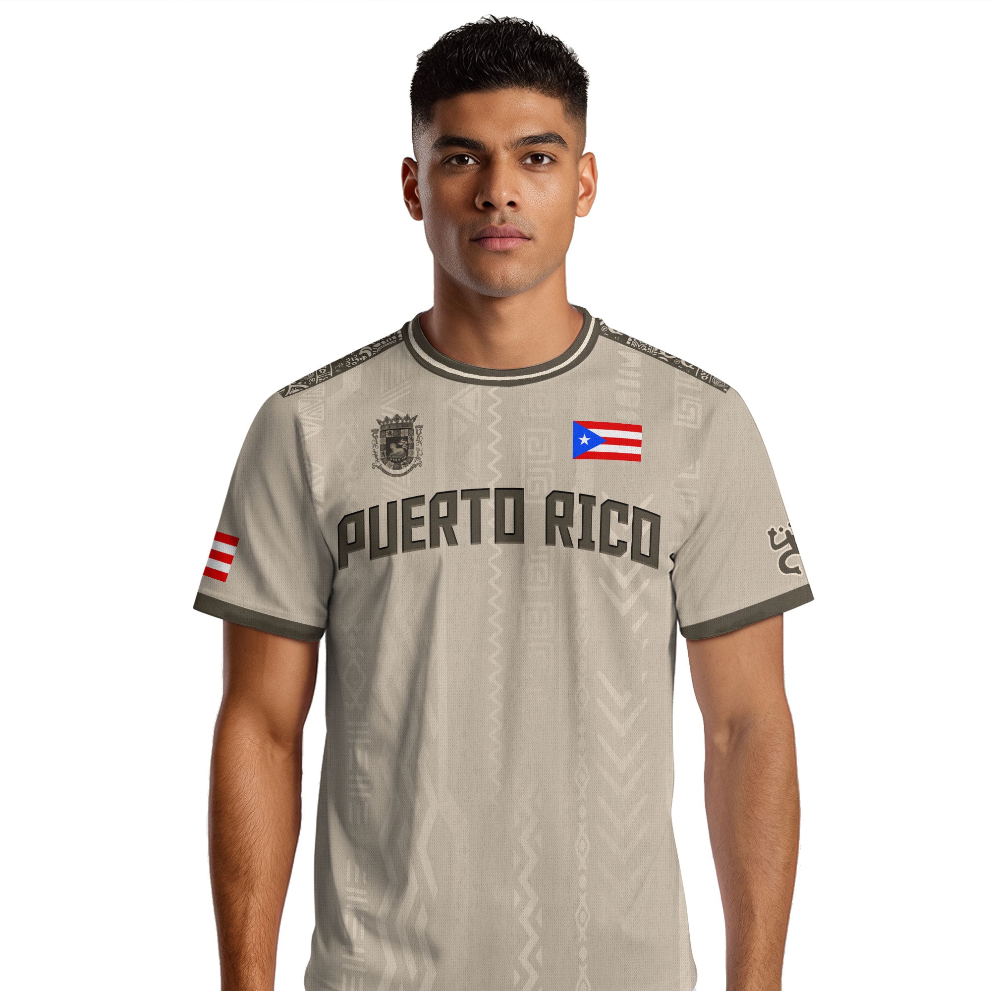Puerto Rico Beige Arena Boricua Taino Sol Coqui Tribal Ancestral Tradición Deporte Fútbol Jersey